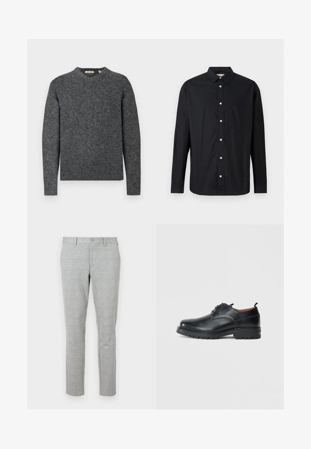 Pull en laine gris avec un col rond et des manches longues. Tissu en maille texturée et bords côtelés aux poignets et à l'ourlet. Design simple et classique.; Chemise noire à manches longues, boutonnée, avec col et poche poitrine, présentée sur un fond clair.; Pantalon de costume gris slim-fit en tissu texturé. Équipé d'une taille standard avec fermeture à bouton et poches latérales.; Chaussures derby en cuir noir avec une texture lisse, bout rond, design à lacets et une semelle en caoutchouc épaisse et robuste.