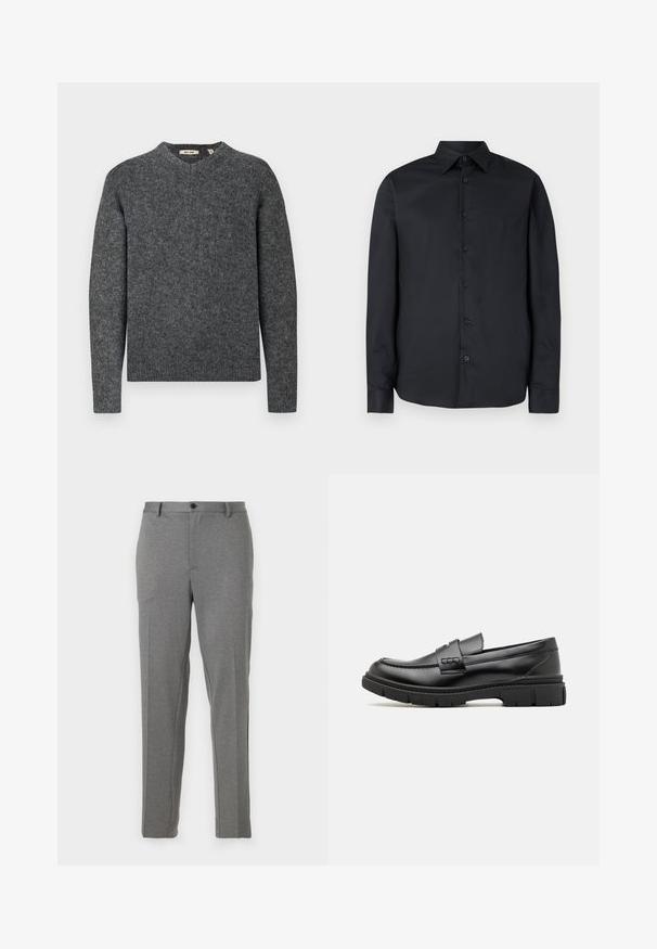 Suéter de lana gris con cuello redondo y mangas largas. Tejido de punto texturizado y puños acanalados en las muñecas y el dobladillo. Diseño simple y clásico.; Camisa negra de manga larga con diseño ajustado, botones delanteros, cuello clásico y textura suave; cuenta con siete botones oscuros.; Pantalones gris ajustados que presentan una textura suave, un ligero patrón, cierre de cremallera y botón, con bolsillos frontales y piernas acampanadas.; Mocasin de cuero negro con una cinta ancha en el empeine, suela de goma con tacos gruesos y textura suave. Diseño clásico y elegante.
