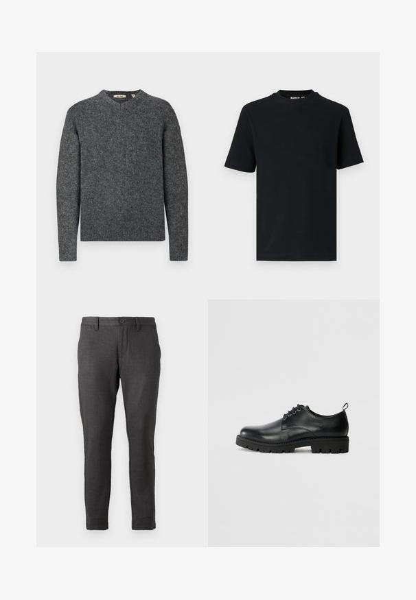 Pull en laine gris avec un col rond et des manches longues. Tissu en maille texturée et bords côtelés aux poignets et à l'ourlet. Design simple et classique.; T-shirt noir à manches courtes en maille côtelée avec col rond et une petite étiquette visible à l'intérieur du col.; Only & Sons ONSMARK Slim Fit - Chino - coffee bean; Chaussure en cuir noir à bout arrondi, présentant un design à lacets, une semelle en caoutchouc noire robuste et un petit onglet de talon à l'arrière.