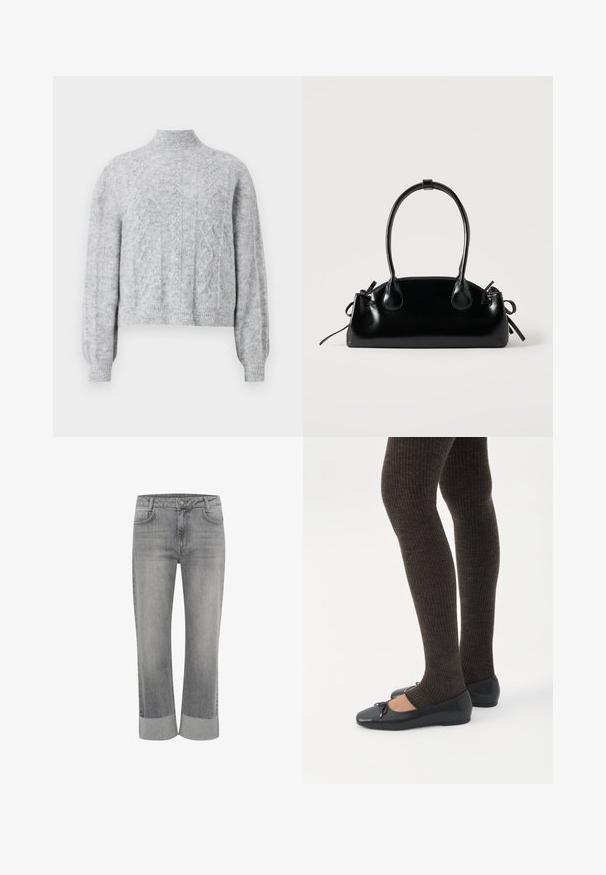 Lys grå strikket sweater med høj krave, cropped design, struktureret mønster og ribbede manchetter. Blødt stof med en løs pasform.; Grå denim jeans med lige ben, med foldet kant. Klassisk fem-lommestil og lukning med knap foran.; Ben iført mørke ribbede leggings kombineret med sorte balletsko med små sløjfedetaljer på hvid baggrund.; Lille sort blank håndtaske med to lange håndtag og snøre-detaljer i siden på en ensfarvet lys baggrund.