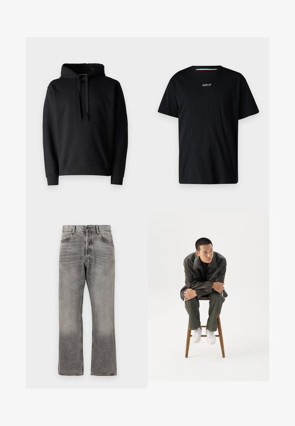 Schwarzer Kapuzenpullover aus weichem Stoff, mit einer Kängurutasche, gerippten Bündchen und einem verstellbaren Zugband in der Kapuze.; Schwarzes Baumwoll-T-Shirt mit Rundhalsausschnitt und kurzen Ärmeln. Das Wort "REPLAY" ist in Weiß über die Brust gestickt.; Graue Jeans aus Denim mit einem leicht verblassten Finish, gerades Bein-Design, klassischer Fünf-Taschen-Stil und klassischer Reißverschlussverschluss.; Junger Mann in dunkler Lederjacke und Jeans sitzt auf einem Holzstuhl, lehnt sich mit verschränkten Armen nach vorne und schaut seitlich vor weißem Hintergrund.