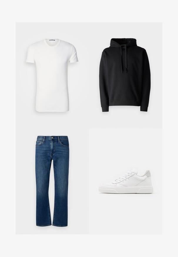 Schwarzer Kapuzenpullover aus weichem Stoff, mit einer Kängurutasche, gerippten Bündchen und einem verstellbaren Zugband in der Kapuze.; Weiße Baumwoll-T-Shirt mit kurzen Ärmeln, Rundhalsausschnitt und gesticktem Logo auf der Brust. Sanfte Textur und taillierte Passform.; Dunkelblaue Denim-Jeans im geraden Schnitt, mit mittelhohem Bund, fünf Taschen-Design und subtiler ausgewaschener Textur an der Vorderseite.; Weiße Leder-Sneaker mit glatter Oberfläche, rundem Zehenbereich, flachen Schnürsenkeln und strukturiertem Schuhsohlen. Graues Wildleder-Detail an der Ferse.