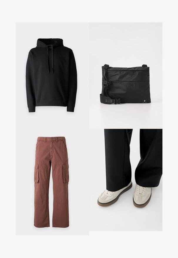 Sudadera con capucha negra hecha de tejido suave, cuenta con un bolsillo canguro, puños acanalados y un cordón ajustable en la capucha.; Pantalones cargo en color óxido, hechos de una tela resistente. Presentan grandes bolsillos laterales, piernas rectas y cierre de botones en la cintura.; Pies con zapatillas beige con suelas marrones y pantalones negros de pierna ancha sobre un fondo blanco.; Bolso mensajero de nylon negro con correa ajustable, diseño plano y una etiqueta lateral con un logo. Textura suave y estilo minimalista.