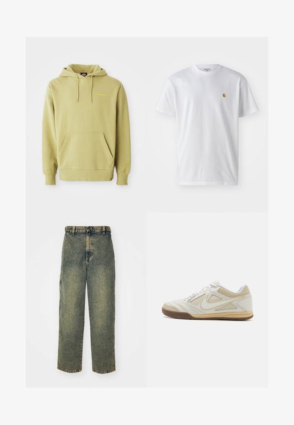 Heled roheline kapuutsiga sviiter, millel on tasku, paelad, soonikuga varrukad ja väike kollane "Dickies" logo rinnal.; Valge puuvillane t-särk lühikeste varrukatega, ümmargune kaelus, millel on väike kuldne logo vasakul rinnal. Pehme tekstuur ja regulaarne lõike.; Laiad teksad pleekinud sinise ja rohelise värviga. Varustatud nööbist sulgemisega, vöökontuuridega ja küljetaskutega. Lame esipaneel ja sirged sääred.; Valge sportlik king, millel on tekstuuriga ülemine osa, hallid aktsendid, nööpidega disain ja pruun kummist tall. Ühel küljel on silmapaistev logo.