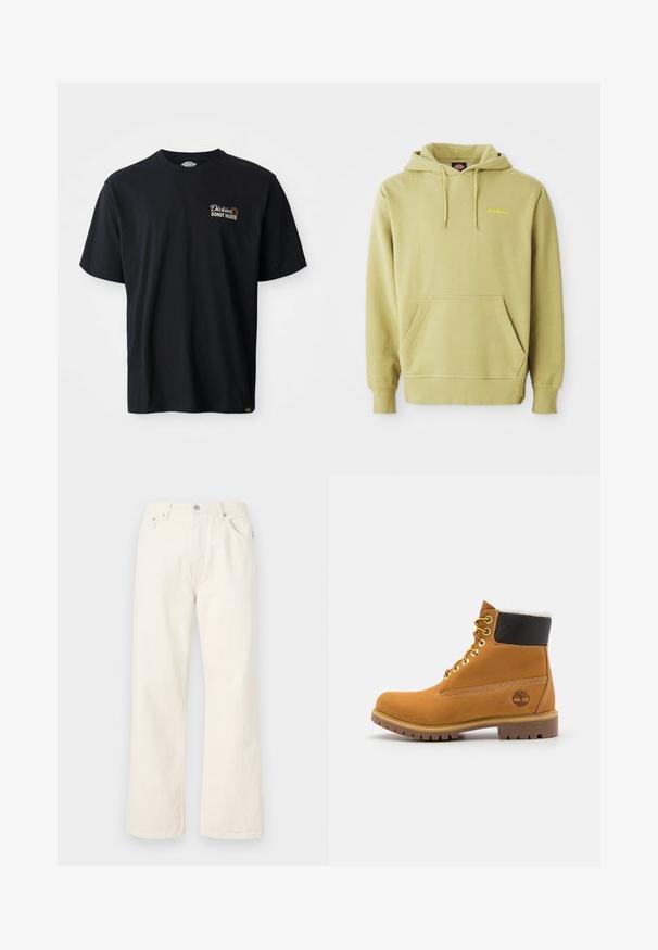 Lys grøn pullover hoodie med kængurulomme, snoretræk, ribbede manchetter og et lille gult "Dickies" logo på brystet.; Sort bomulds t-shirt med korte ærmer. Udstyret med et broderet logo "Dickies Donut House" på venstre brystområde. Klassisk crew neck-design.; Cremefarvede brede jeans lavet af denim, med et standard fem-lomme design og en metalknaplukning i taljen.; Brune læder ankelstøvle med metaløjer, hvid pelsforing, sort polstret krave, robust sål og præget logo på siden.