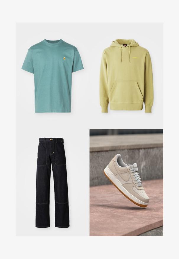 Lichtgroene pullover hoodie met kangoeroezak, trekkoorden, ribgebreide manchetten en een klein geel "Dickies" logo op de borst.; Katoenen T-shirt in teal, korte mouwen, ronde halslijn, met een klein geel logo op de linkerborst. Gestructureerde stof met een gladde afwerking.; Donkerblauwe spijkerbroek met rechte pijpen, voorzien van gele stiksels en voorzakken. De stof lijkt stevig en gestructureerd.; Beige en witte Nike Air Force 1 sneaker met een gumzool die boven een roze stenen oppervlak zweeft, met een grijze stenen achtergrond.