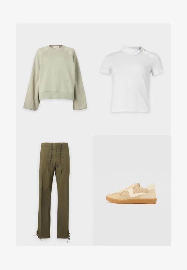 Sweat-shirt beige clair à col rond, manches longues et larges, poignets et ourlet côtelés, et petit logo discret sur le bas avant gauche.; Haut blanc à manches courtes avec un col asymétrique et deux boutons sur l’épaule droite, présenté sur un fond uni.; Pantalon en coton vert olive à coupe décontractée, avec plis à l'avant, taille à cordon de serrage et liens ajustables aux ourlets pour personnalisation.; Sneaker beige avec des matériaux en daim et en maille, forme arrondie, col rembourré proéminent et semelle en caoutchouc gomme. Présente un accent de design en forme de vague.
