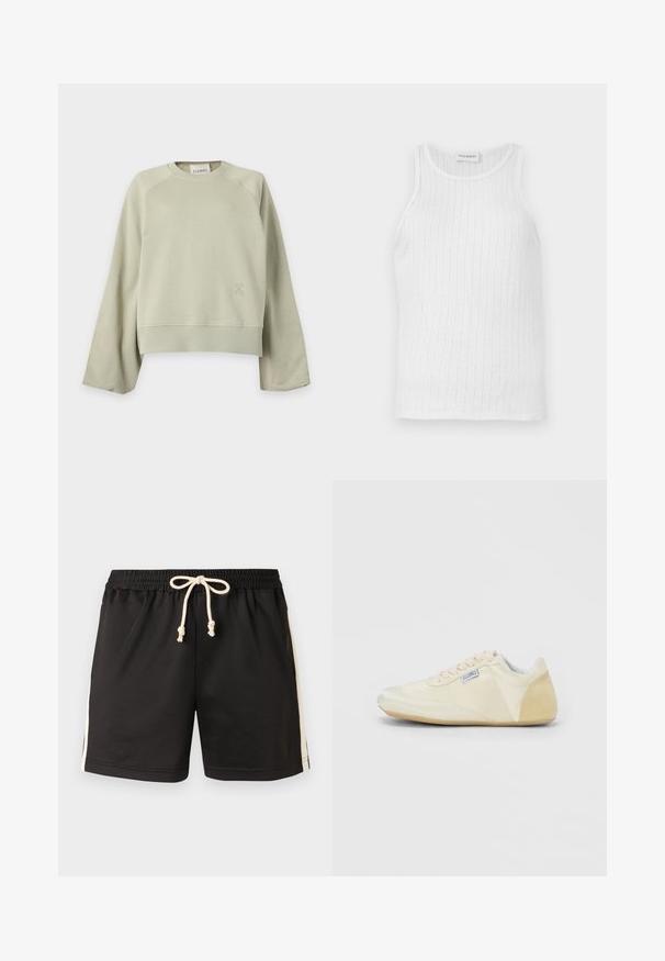 Sweat-shirt beige clair à col rond, manches longues et larges, poignets et ourlet côtelés, et petit logo discret sur le bas avant gauche.; Débardeur blanc en tissu léger, présentant une texture côtelée et un col rond. Design simple sans motifs ni accents visibles.; Shorts de sport noirs avec taille élastique et cordon blanc, ornés de bandes blanches sur les côtés, présentés sur un fond uni.; Baskets basses blanc cassé avec talon en daim, lacets et une petite étiquette en tissu sur le côté, présentées de profil sur un fond uni.