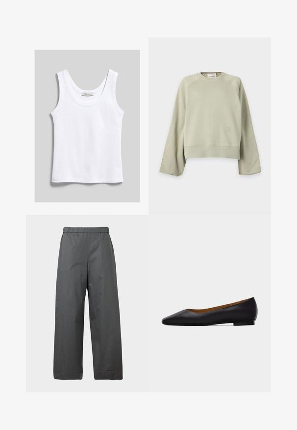 Sweat-shirt beige clair à col rond, manches longues et larges, poignets et ourlet côtelés, et petit logo discret sur le bas avant gauche.; Débardeur blanc en coton sans manches avec encolure dégagée, présenté à plat sur fond gris clair.; Pantalon gris foncé à jambes larges avec taille élastique et ourlets retroussés, présenté sur un fond neutre.; Chaussure plate en cuir noir à bout pointu avec talon bas et finition lisse, vue de côté sur un fond gris clair.