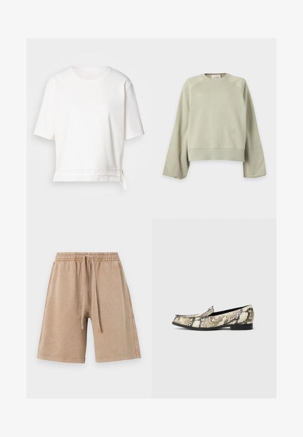 Sweat-shirt beige clair à col rond, manches longues et larges, poignets et ourlet côtelés, et petit logo discret sur le bas avant gauche.; T-shirt blanc à manches courtes en tissu doux. Présente un col rond et un ourlet incurvé avec un détail de lien sur le côté en bas.; Shorts en coton beige avec une taille élastiquée et un cordon de serrage, présentant une coupe décontractée et des détails de couture visibles.; Mocassins confectionnés en simili peau de serpent texturée beige et noire, avec un talon plat et un design classique sans lacets.