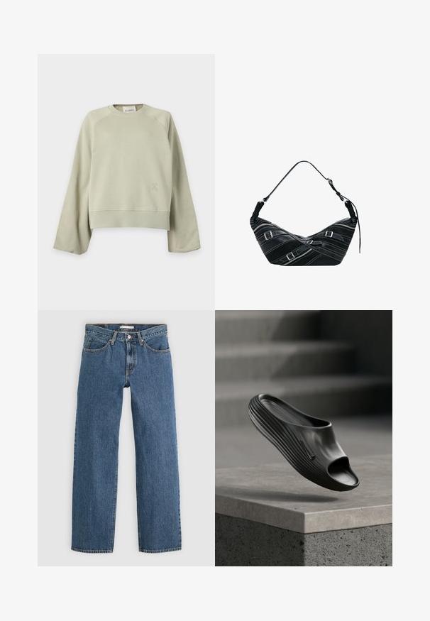Lys beige sweatshirt med rund hals, lange, brede ærmer, ribkanter ved ærmer og søm samt et lille diskret logo nederst til venstre foran.; Blå denim jeans med lige pasform, der har fem lommer, knaplukning og kontrastsyninger langs sømmene.; Sort slip-on sko med åben tå, der har en glat overflade og ribbet sidestruktur, suppleret med en diskret logoaccent.; Desigual SMALL WITH BUCKLES - Håndtasker - black