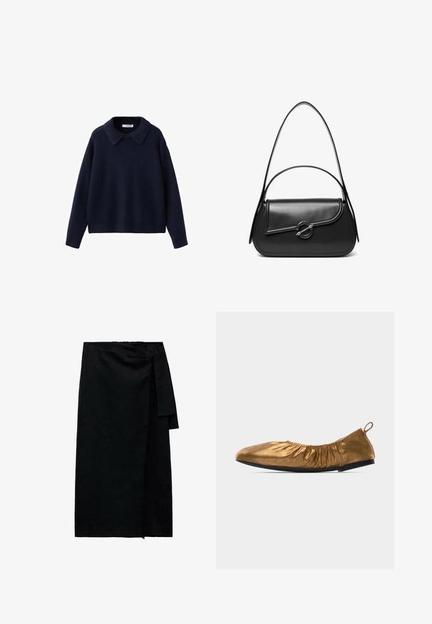 Marineblå strikket langærmet sweater med en bred, spids krave og en afslappet pasform på en hvid baggrund.; Sort omslagsnederdel lavet af tekstureret stof med knyttet talje, lige silhuet og en let frynset kant. Ingen synlige mønstre eller accenter.; Bløde metallic gyldne balletflade sko med rynket elastisk top og sort sål, vist fra siden på hvid baggrund.; Sort skuldertaske i læder med en buet klap, der er fastgjort med en rund metal spænde, og en slank, justerbar rem.