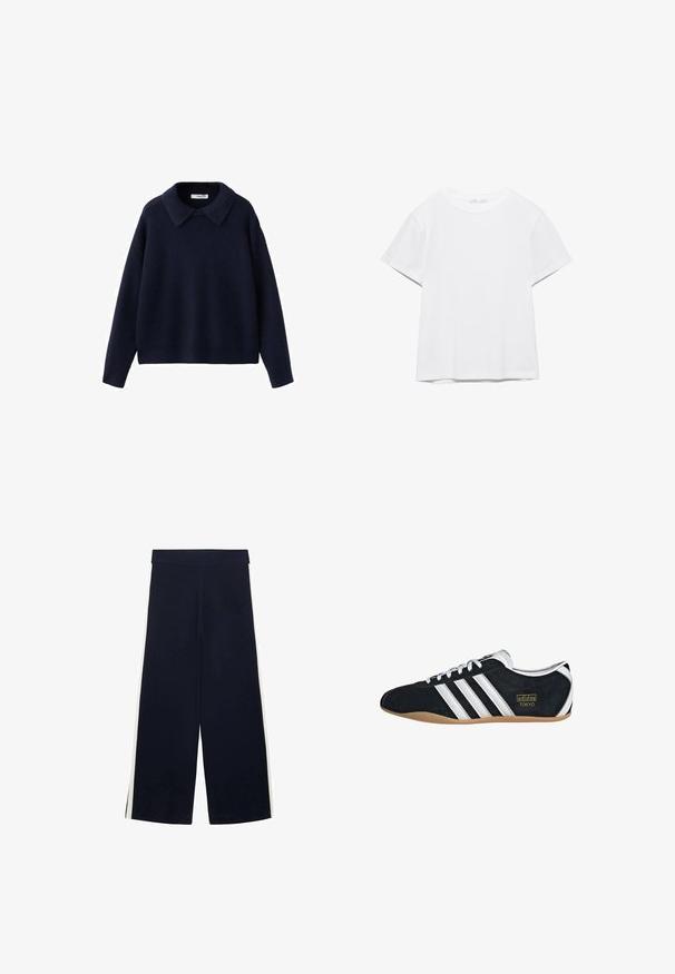 Marineblå strikket langærmet sweater med en bred, spids krave og en afslappet pasform på en hvid baggrund.; Hvid, kortærmet T-shirt med rund hals og lige kant, vist på en hvid baggrund.; Mørkeblå brede bukser med høj talje og hvide side-striber, lagt fladt på en hvid baggrund.; Sort ruskinds sneaker med hvide tre striber, guldlogo og en brun gummisål. Har et lavprofil snørebåndsdesign.