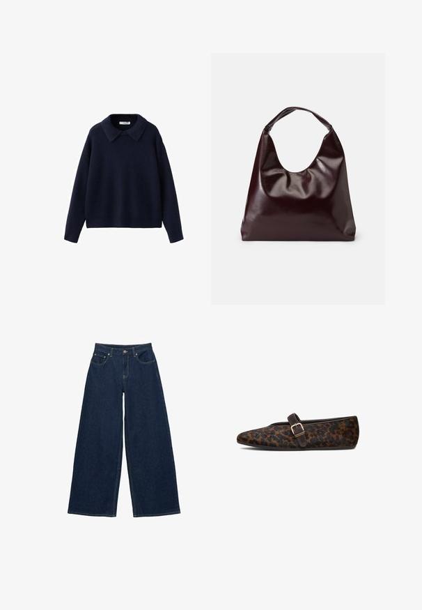 Marineblauwe gebreide trui met lange mouwen, een brede, puntige kraag en een losse pasvorm, tegen een witte achtergrond.; Donkerblauwe wijde denim jeans met steekzakken aan de voorkant, riemlussen en een knoopsluiting in de tailleband, plat weergegeven op een witte achtergrond.; Leopardprint platte schoenen van bont met een spitse neus, voorzien van een donkerbruine accentriem en een metalen gespdetails. Rond hiel.; Bordeaux, glanzende vegan leren totebag met een zachte, sculpturale vorm en een brede, gebogen handgreep voor makkelijk dragen.