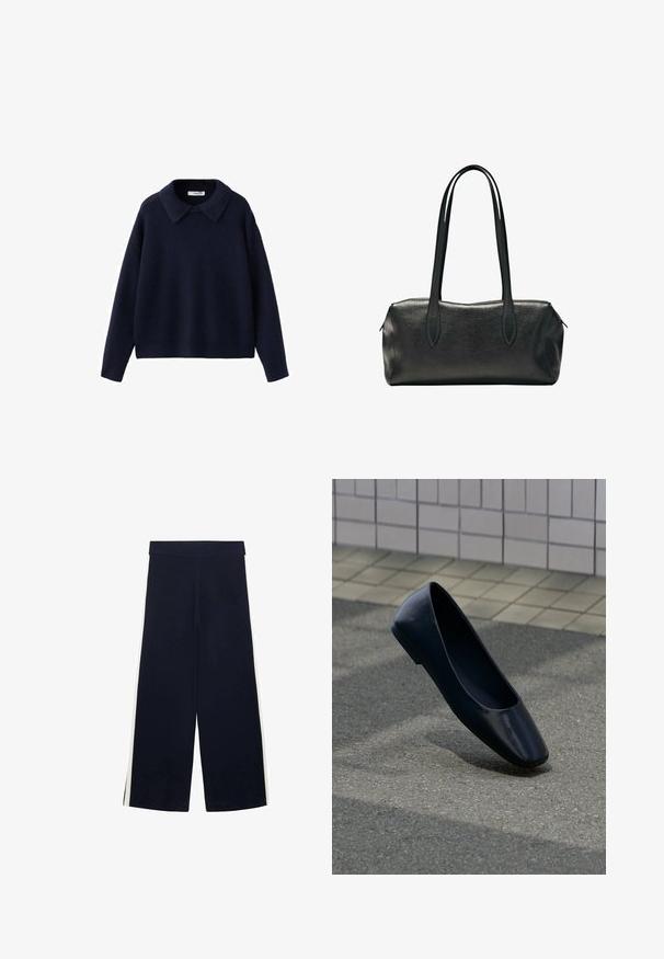 Pull en tricot bleu marine à manches longues avec un large col pointu et une coupe décontractée sur fond blanc.; Pantalon large bleu marine avec taille haute et rayures blanches sur les côtés, posé à plat sur un fond blanc.; Chaussure plate en cuir noir debout sur une surface asphaltée près du bord d'un trottoir carrelé.; Sac à main rectangulaire en cuir noir avec deux longues bandoulières et une fermeture zippée sur le dessus.
