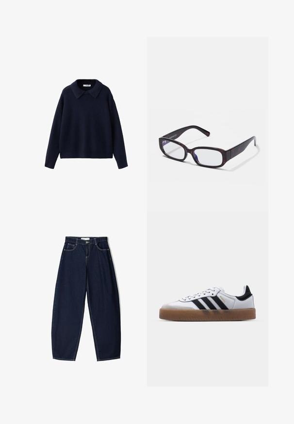 Marineblå strikket langærmet sweater med en bred, spids krave og en afslappet pasform på en hvid baggrund.; Mørkeblå denimbukser med løs pasform, der har fem lommer, kontrasterende syninger og lynlåslukning foran.; Hvide lædersneakers med sorte striber, gummirubber sål, rund tå, snørelukning og blød grå ruskinds tåhætte.; Brune skildpadde-rektangulære briller med klare linser og slanke arme, der viser en glat tekstur og minimalistisk design.