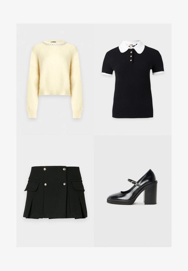 Pull duveteux couleur crème avec manches longues et encolure ronde ornée d'une rangée de perles claires et rondes.; Haut noir côtelé à manches courtes avec col et poignets festonnés blancs, orné de quatre boutons dorés sur le devant de l'encolure.; Jupe mini plissée noire en tissu texturé, dotée de deux poches avant et de accents de boutons en ton doré.; Chaussure à talon haut en cuir verni noir avec un bout rond, une sangle de cheville, un détail de boucle en argent et un talon bloc épais.