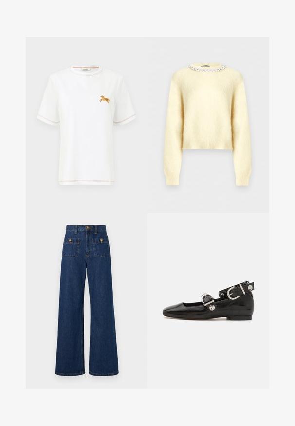 Pull duveteux couleur crème avec manches longues et encolure ronde ornée d'une rangée de perles claires et rondes.; T-shirt blanc à manches courtes avec coutures orange et petit cheval brodé orange sur le côté gauche de la poitrine, col rond.; Jean denim bleu foncé taille haute à jambes larges avec deux poches carrées à l'avant sécurisées par des rabats à boutons dorés et une fermeture à bouton doré à la taille.; Ballerine en cuir verni noir avec un bout carré, sangle de cheville avec des détails en métal argenté et semelle plate. Texture lisse avec un design minimaliste.