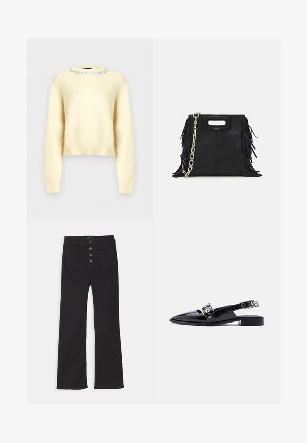 Flødefarvet, blød sweater med lange ærmer og en rund halsudskæring dekoreret med en række klare, runde perler.; Sorte denim flare jeans med høj talje, fem-pockets design og lukning fortil med fire metalknapper.; Sort laklæder flat sko med spids tå, dobbelte sølvspænder og slingback-hæl på hvid baggrund.; Sort læder skuldertaske med frynse-detaljer, guldkæde skulderrem og udskåret håndtag. Har logo placeret på forsiden.