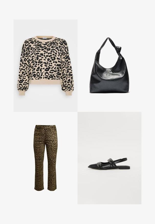 Beige strikket sweater med sort leopardprint, rund hals, sænkede skuldre samt ribbede manchetter og hæm. Casual, afslappet pasform.; Leopardmønstret bukser med slim fit, knaplukning og syning i taljen samt let stræk for komfort.; Even&Odd Slingback-ballerinasko - black; Sort vævet lædertaske med en afslappet design, der har et knyttet rem og en lille dekorativ guldstud foran.