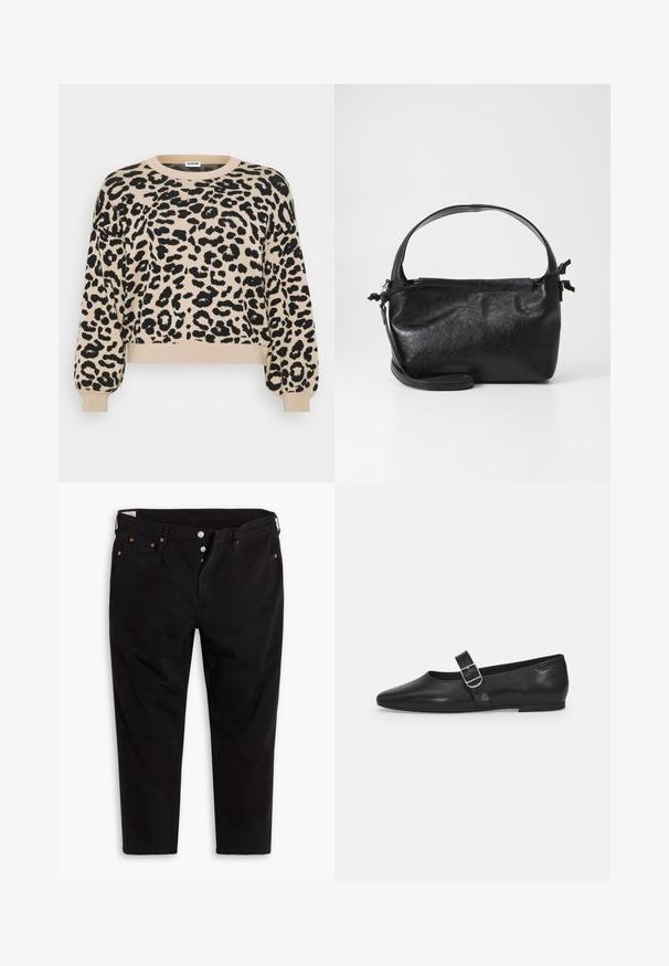 Beige gestrickter Pullover mit schwarzem Leopardenmuster, Rundhalsausschnitt, überschnittenen Schultern und gerippten Bündchen und Saum. Lässige, entspannte Passform.; Schwarze Jeanshose mit geradem Bein. Verfügt über fünf Taschen, Metallknopfverschluss und orangefarbene Nähtigkeiten. Aus Baumwollmaterial.; Schwarzer Lederflatschuh mit runder Zehenform, einem verstellbaren Schnallenriemen und einer glatten, glänzenden Oberfläche. Minimalistisches Design mit einem niedrigen Absatz.; Schwarze Lederhandtasche mit strukturiertem Design, rundem Haltegriff und abnehmbarem Schulterriemen. Sie weist eine glatte Oberfläche und einen subtilen Glanz auf.