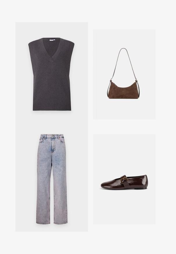 VILA VICHELLE V NECK OVERSIZED - Πουλόβερ - dark grey melange; Ανοιχτό μπλε τζιν παντελόνι με χαλαρή, ίσια γραμμή, που διαθέτει ψηλή μέση, πέντε τσέπες και μπρούντζινα κουμπιά.; Σκούρο καφέ παπούτσι από λουστρίνι με μεγάλο χρυσό πόρπη και στρογγυλεμένη μύτη, σε προφίλ, σε λευκό φόντο.; Καφέ τσάντα ώμου από σουέτ με καμπυλωτό επάνω φερμουάρ και λεπτό ρυθμιζόμενο λουράκι, εμφανίζεται σε απλό ανοιχτό φόντο.