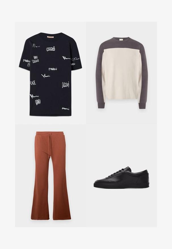 Suéter de manga larga con cuello redondo, con hombros y mangas en gris oscuro, y cuerpo en beige claro, mostrado sobre un fondo blanco.; Camiseta de algodón negra con logotipos "Marni" escritos a mano en blanco de varios tamaños repartidos por toda la tela, cuello redondo y mangas cortas.; Pantalones de chándal marrones, acampanados, hechos de un tejido suave. Cuentan con una cinturilla elástica con cordón y una textura lisa. Sin patrones visibles.; Zapatilla baja negra de cuero con cordones en la parte delantera y suela plana de goma, mostrada de perfil sobre un fondo blanco liso.