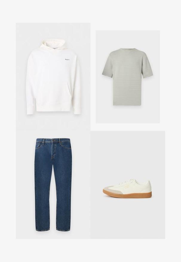 Hvid hættetrøje med frontlomme og lille mørkeblåt "Pepe Jeans"-logo på venstre bryst, vist mod en ensfarvet baggrund.; Lysegrå strikket top med korte ærmer, subtilt zigzagmønster og rund halsudskæring på en hvid baggrund.; Mørkeblå denim jeans med lige pasform, der har fem lommer og knaplukning. Stoffet har en synlig struktur og subtil stribing.; Sneaker lavet af hvid læder med en beige tåhætte og let brunt gummisål. Har flade hvide snørebånd og prægede branding på siden.