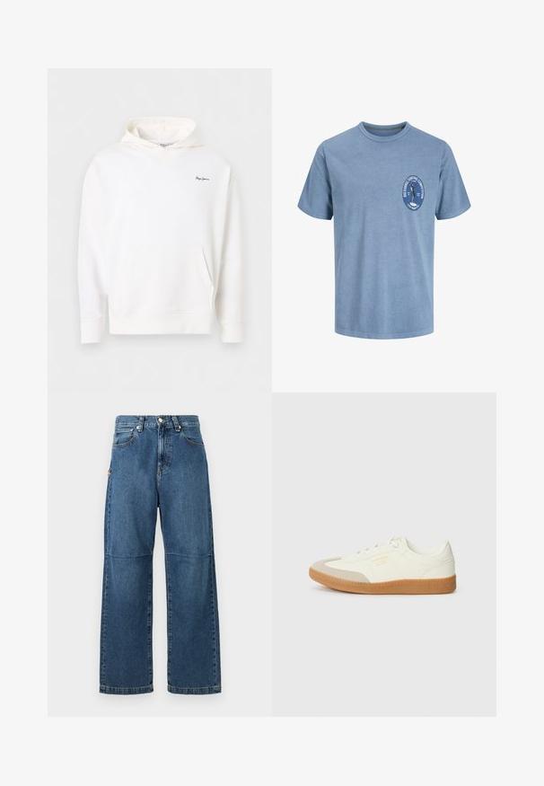 Biela mikina s kapucňou, s predným vreckom a malým tmavomodrým logom „Pepe Jeans“ na ľavej strane hrudníka, zobrazená na jednofarebnom pozadí.; Svetlomodré tričko s krátkym rukávom s malým logom na hrudi zobrazujúcim surfera a textom '"Big Barrel Surfing Competition, Local Members Only."'.; Modré denimové džínsy s voľným strihom, rovnými nohavicami, viditeľným švom a predným zapínaním na gombík. Obsahujú bočnú kapsu s akcentom.; Tenisky vyrobené z bielej kože s béžovou špičkou a svetlohnedou gumovou podrážkou. Majú ploché biele šnúrky a embosované logo na boku.