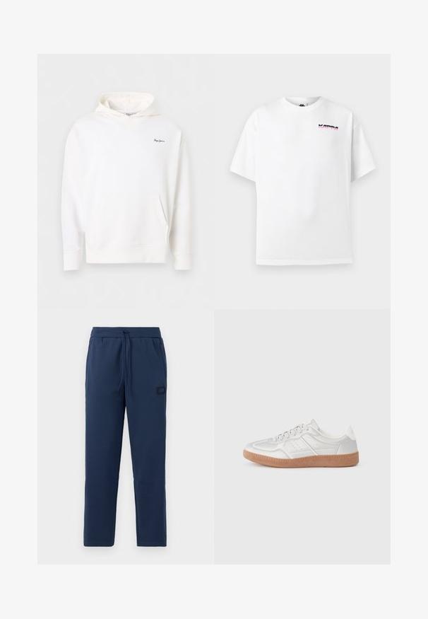 Weißer Hoodie mit Fronttasche und kleinem dunkelblauem "Pepe Jeans"-Logo auf der linken Brust, dargestellt vor einem einfarbigen Hintergrund.; Weißes T-Shirt mit kurzen Ärmeln und kleinem schwarz-rosa Kappa-Logo auf der oberen linken Brust, vor schlichtem hellem Hintergrund.; Navyblaue Jogginghosen aus einem weichen Baumwollmix, mit einem elastischen Bund und Kordelzug sowie einem kleinen Markenpatch an der Hüfte.; Silberne Sneakers mit glatter Textur, Schnürdesign, durchbrochenen Akzenten und einer strukturierten braunen Gummisohle.