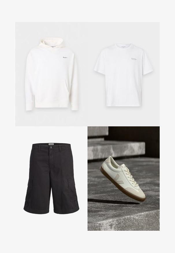 Sweat à capuche blanc avec poche avant et petit logo « Pepe Jeans » bleu foncé sur le côté gauche de la poitrine, présenté sur un fond uni.; T-shirt blanc à manches courtes en coton, avec un col rond et un petit logo sur la poitrine gauche. Texture lisse, coupe décontractée.; Short cargo noir avec passants de ceinture, fermeture à bouton et zip, et deux grandes poches latérales, présenté sur un fond blanc.; Baskets en cuir blanc avec semelle en caoutchouc beige, lacets plats et accent en forme de V sur le côté. Présentent une surface lisse et peu de détails de couture.
