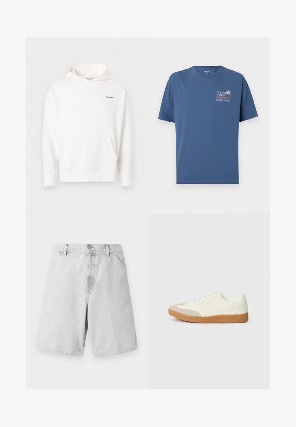 Hvid hættetrøje med frontlomme og lille mørkeblåt "Pepe Jeans"-logo på venstre bryst, vist mod en ensfarvet baggrund.; Blå T-shirt med korte ærmer og teksten "Palm Springs Desert Motel" samt et billede af en palme på venstre bryst.; Lys grå bomuldsshorts med klassisk pasform, der har lynlås, bæltestropper og sidelommer. Glat tekstur med enkelt design.; Sneaker lavet af hvid læder med en beige tåhætte og let brunt gummisål. Har flade hvide snørebånd og prægede branding på siden.