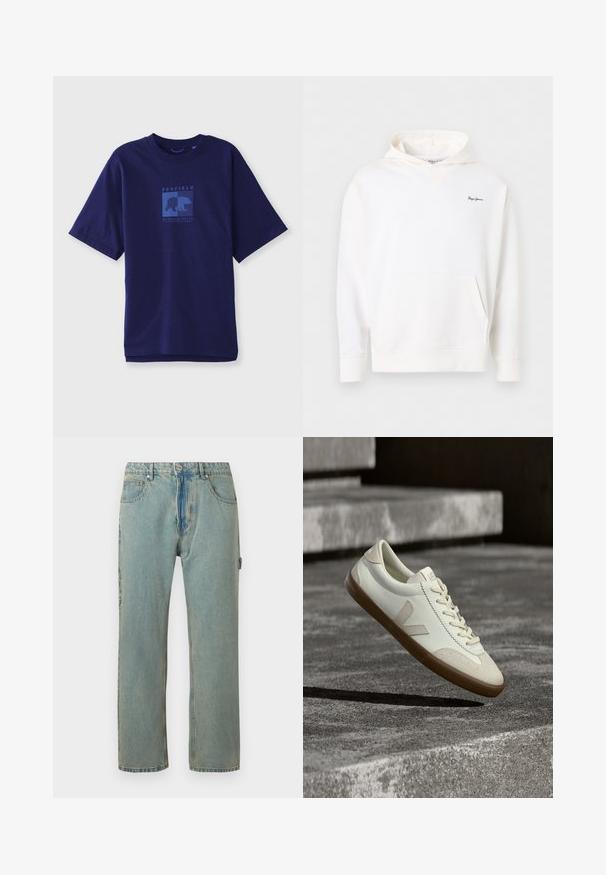 Hvid hættetrøje med frontlomme og lille mørkeblåt "Pepe Jeans"-logo på venstre bryst, vist mod en ensfarvet baggrund.; Marineblå bomulds T-shirt med korte ærmer, prydet med en blå grafik af en bjørn og teksten "PENFIELD MASSACHUSETTS" i en firkantet form på forsiden.; Lys blå, løstsiddende denimjeans med fem lommer, knaplukning og synlige syninger. Stoffet har et falmet, tekstureret udseende.; Hvide læder sneakers med tanfarvet gummisål, flade snørebånd og V-formet detalje på siden. Har en glat overflade og minimale syninger.