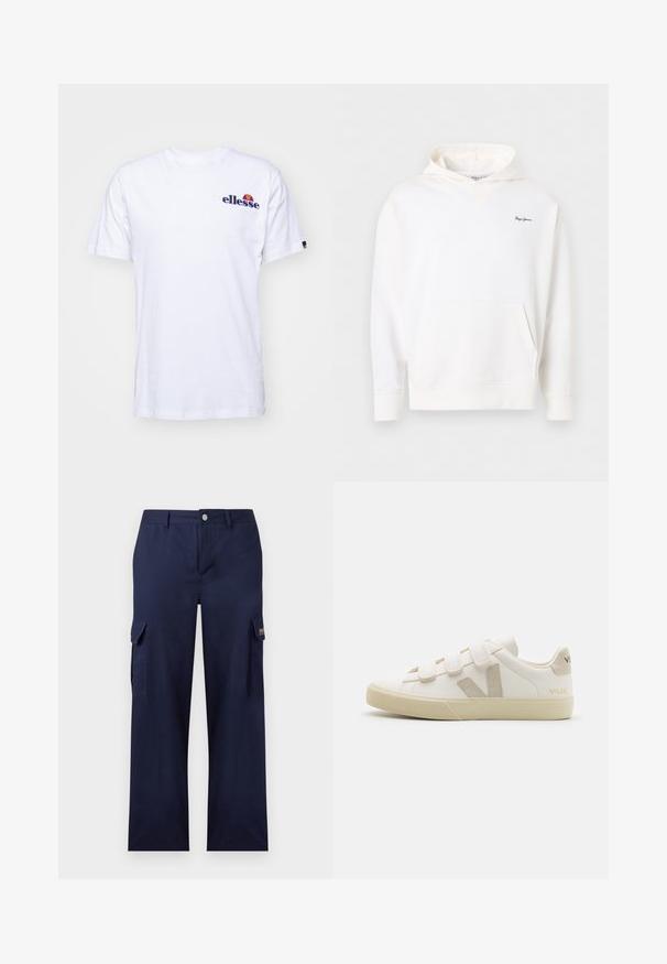 Weißer Hoodie mit Fronttasche und kleinem dunkelblauem "Pepe Jeans"-Logo auf der linken Brust, dargestellt vor einem einfarbigen Hintergrund.; Weißes Baumwoll-T-Shirt mit kurzen Ärmeln, das ein marineblaues gesticktes Logo auf der linken Brust und einen lebhaften Farbakzent über dem Logo präsentiert.; Marineblaue Cargo-Hose mit geradem Bein, seitlichen Klappentaschen, Gürtelschlaufen sowie einem vorderen Knopf- und Reißverschluss.; Weiße Leder-Sneaker mit Klettverschlüssen, beigen Akzenten, runder Zehenform, strukturiertem Gummisohle und eingeprägtem Logo. Minimalistisches Design.