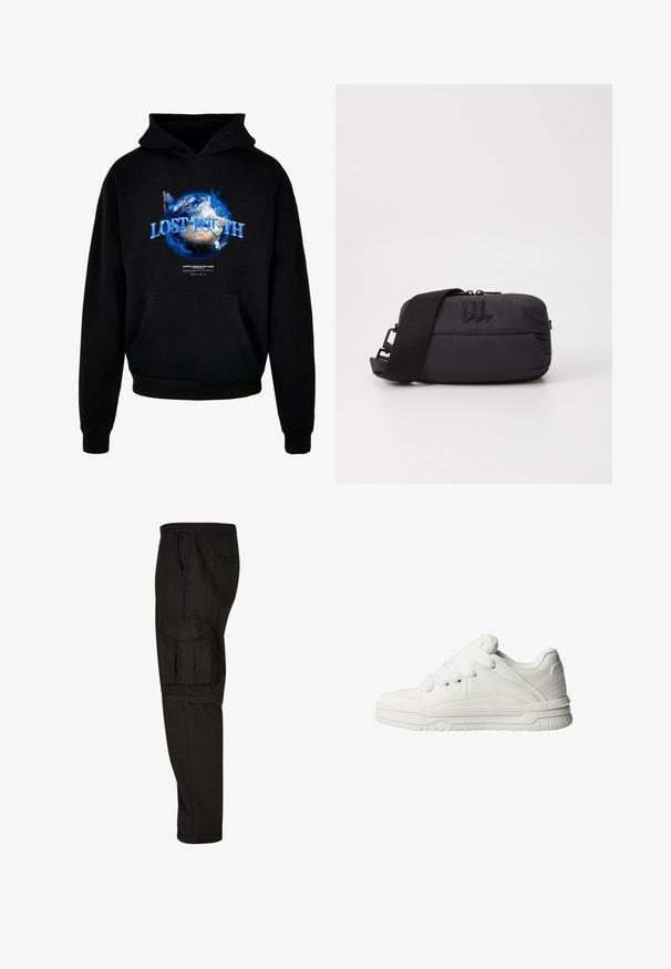 Sort hættetrøje med grafisk design af Jorden, blå flammer og sommerfugle, med teksten "LOST YOUTH" klart fremhævet.; Sorte cargo bukser med afslappet pasform, elastisk talje, sidelommer og en stor cargo lomme på låret. Blødt, letvægtsstof.; Hvide sneakers med en glat læderoverflade, polstret tunge, flade snørebånd og strukturerede detaljer på siderne og hælen.; Sort nylon crossbody taske med en glat tekstur, lynlåslukning, justerbar rem og præget logo-detalje på fronten.