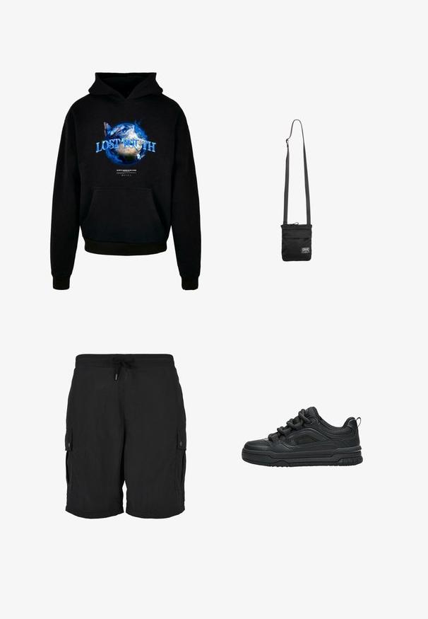 Sort hættetrøje med grafisk design af Jorden, blå flammer og sommerfugle, med teksten "LOST YOUTH" klart fremhævet.; Sorte cargoshorts med elastisk talje, justerbar snøre og knaplukning på sidelommerne.; Sort lavtop sneaker med tyk sål, polstret krave, mesh paneler og chunky snørebånd vist mod en hvid baggrund.; Sort crossbody taske med justerbar rem og lille hvid rektangulær logo-patch på den nederste forside.