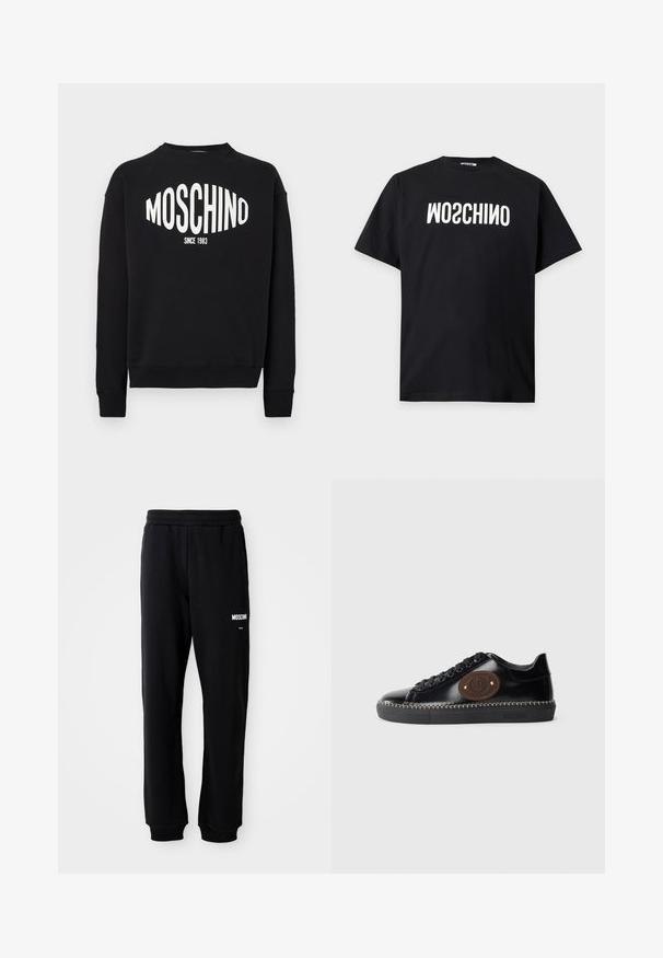 Μαύρο φούτερ με λευκό λογότυπο «MOSCHINO» και την επιγραφή «SINCE 1983» από κάτω. Κλασικός στρογγυλός γιακάς και ριμπ μανσέτες. Μαλακή υφή υφάσματος.; Μαύρο κοντομάνικο μπλουζάκι με λευκό ανάποδο κείμενο "MOSCHINO" τυπωμένο στο στήθος σε απλό ανοιχτό φόντο.; Μαύρες φόρμες με χαλαρή εφαρμογή, φτιαγμένες από μαλακό ύφασμα. Διαθέτουν ελαστική μέση και λευκό λογότυπο "Moschino" στο αριστερό μπουμπούκι.; Μαύρο παπούτσι με λουστρίνι, με στρογγυλή μύτη, καφετιά δερμάτινη λογότυπο, μαύρα κορδόνια και αντίθετη ραφή κατά μήκος της σόλας.