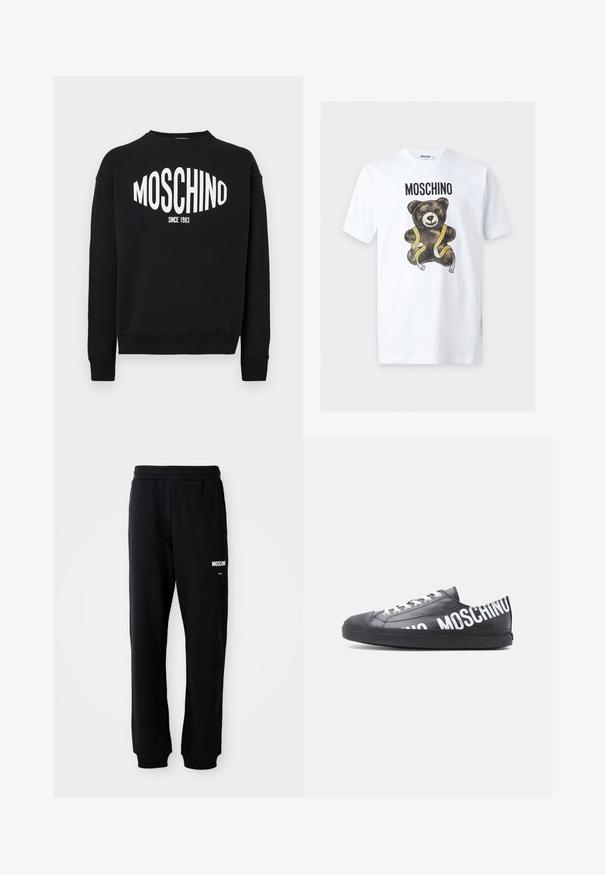 Sudadera negra con el logo blanco "MOSCHINO" y "SINCE 1983" debajo. Cuello redondo clásico y puños acanalados. Textura de tela suave.; Camiseta blanca de manga corta con el texto "MOSCHINO" sobre un oso de peluche marrón envuelto con una cinta métrica amarilla.; Pantalones de chándal negros con un corte relajado, hechos de una tela suave. Presentan una cintura elástica y el logo blanco de "Moschino" en el muslo izquierdo.; Zapatilla deportiva negra de corte bajo con cordones blancos y "MOSCHINO" impreso en grandes letras blancas a lo largo del lateral y el talón.