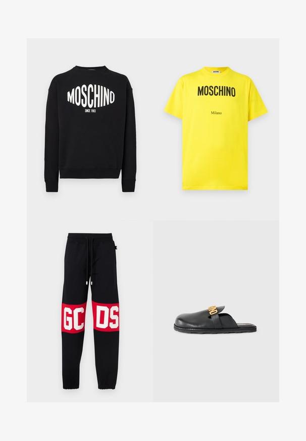 Čierna mikina s kapucňou s bielym logom „MOSCHINO“ a nápisom „SINCE 1983“ pod ním. Klasický okrúhly výstrih a rebrované manžety. Jemná textúra materiálu.; Žlté bavlnené tričko s čiernym logom "Moschino" a textom "Milano", s okrúhlym výstrihom, krátkymi rukávmi a voľným strihom.; Čierne tepláky s elastickým pásom a lemami, s červenými pásmi na kolenách a veľkým bielym nápisom "GCDS".; Čierne kožené šlapky na plochom podošve s pozláteným dekoračným pásikom a nízkou textúrovanou gumovou podrážkou na jednoduchom pozadí.