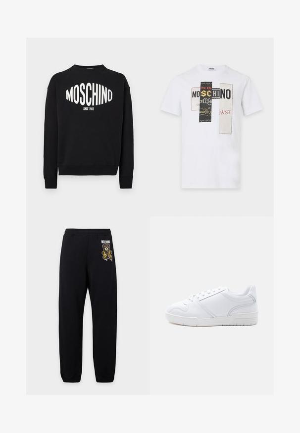 Μαύρο φούτερ με λευκό λογότυπο «MOSCHINO» και την επιγραφή «SINCE 1983» από κάτω. Κλασικός στρογγυλός γιακάς και ριμπ μανσέτες. Μαλακή υφή υφάσματος.; Λευκό κοντομάνικο μπλουζάκι με τρία κάθετα σχέδια πατσών που απεικονίζουν τεμαχισμένο κείμενο, συμπεριλαμβανομένου του "MOSCHINO" σε μαύρα, κίτρινα και κόκκινα γράμματα.; Μαύρη φόρμα με ελαστική μέση, με μια μικρή αρκούδα και λογότυπο "Moschino" στο αριστερό μηρό.; Λευκό sneaker χαμηλής κοπής με σχέδιο κορδονιών, λείο συνθετικό επάνω μέρος και μοτίβο από καουτσούκ στη σόλα, σε απλό φωτεινό φόντο.