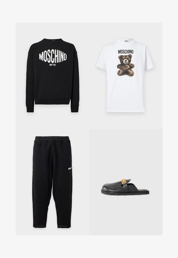 Zwarte sweatshirt met een wit "MOSCHINO" logo en daaronder "SINCE 1983". Klassieke ronde hals en geribbelde manchetten. Zachte stoftextuur.; Wit katoenen T-shirt met een afbeelding van een bruine teddybeer met grote ogen en een gestikte mond, gelabeld met "MOSCHINO" in vet zwarte letters.; Zwarte taps toelopende joggingbroek met elastische tailleband, witte contrasterende stiksels en klein wit "Moschino" logo op het bovenbeen.; Zwarte leren instapschoenen met een gouden decoratieve band en een lage, gestructureerde rubberen zool op een effen achtergrond.