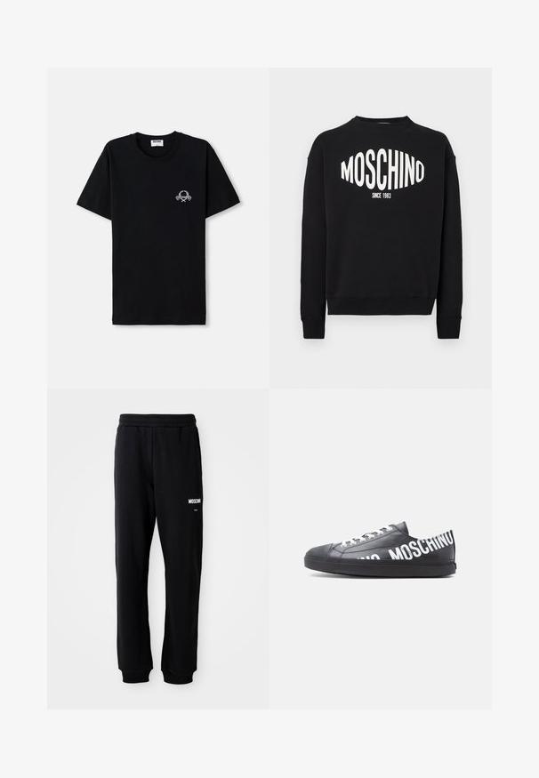 Sort sweatshirt med hvidt "MOSCHINO" logo og "SINCE 1983" under. Klassisk rund hals og ribkant ved ærmerne. Blød stoftekstur.; Sort bomulds t-shirt med rund halsudskæring. Har et lille hvidt grafisk design på brystet. Korte ærmer og lige kant.; Sorte sweatpants med en afslappet pasform, lavet af blødt stof. Har en elastisk talje og hvidt "Moschino" logo på venstre lår.; Sort lavt snøresko med hvide snørebånd og "MOSCHINO" trykt med store hvide bogstaver langs siden og på hælen.