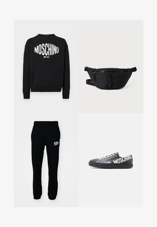 Must särk, millel on valge "MOSCHINO" logo ja allosas kiri "SINCE 1983". Klassikaline ümmargune kaelus ja soonikkoes mansetid. Pehme kangapind.; Mustad fliisist jogger-püksid elastse vöökoha ja varrukatega. Omab vasakul reitel valget logo. Sile tekstuur, mugav lõige.; Mustad madala otsaga toss, valgete paeltega ja külje ning kanna ääres suurelt valgete tähtedega print "MOSCHINO".; Must Moschino vöökott ees oleva tõmblukuga ja reguleeritava rihmaga ühtlasel heledal taustal.