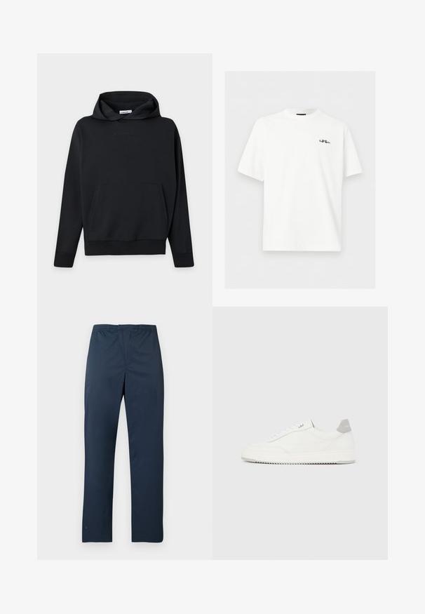 Sweat à capuche noir à manches longues avec poche kangourou devant et logo subtil J.LINDEBERG sur la poitrine, présenté sur un fond uni gris clair.; T-shirt blanc à manches courtes avec col rond et petit logo noir brodé sur la poitrine gauche, "Paul Smith", sur fond uni.; Pantalon bleu marine léger avec une ceinture élastique et des jambes droites. Texture lisse sans motifs ni accents visibles.; Baskets basses blanches avec un onglet de talon gris, des lacets blancs et une semelle texturée, présentées sur un fond uni clair.