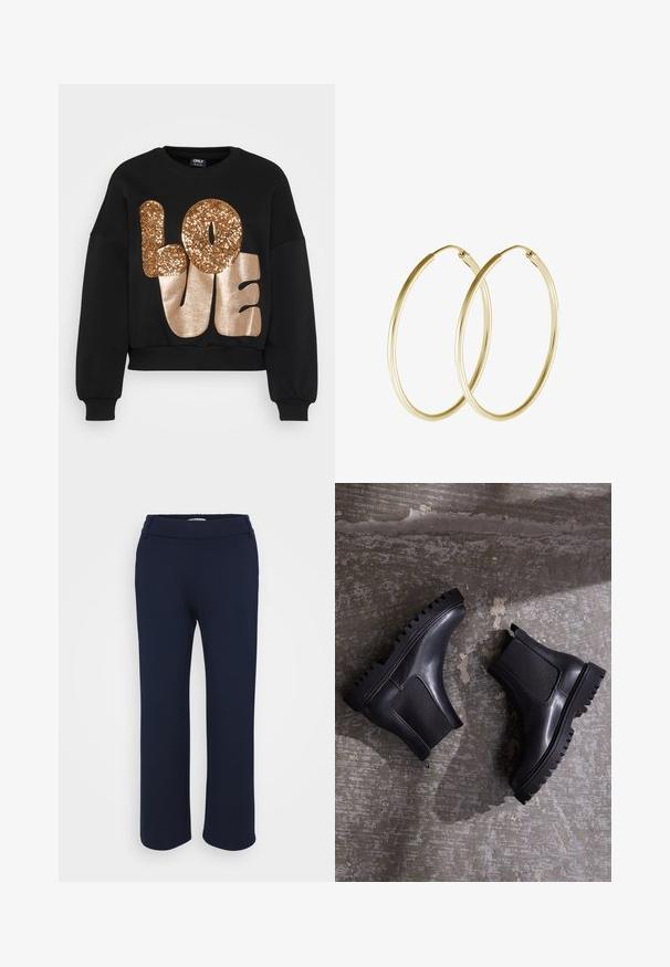 Sort sweatshirt med croppet design. Har store, skinnende gyldne og glitrende bogstaver, der staver "LOVE." Ribstrikkede manchetter og halsudskæring.; Marineblå lige ben bukser lavet af strækbart stof, med en flad talje og to sidelommer for funktionalitet.; Sorte ankelstøvler med en kraftig sål, elastiske paneler og en glat læderfinish. Markant ribbet ydersål og slank silhuet.; Guld hoops øreringe med et glat, rundt design og en blank finish. Letvægts konstruktion med en sikker låsemekanisme.