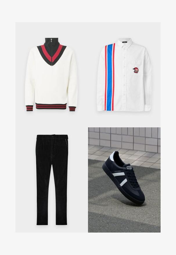 Jersey blanco con cuello alto, que presenta un diseño en forma de V en negro y rojo en el pecho y puños y dobladillo acanalados en contraste.; Camisa blanca de botones con un diseño de rayas azules y rojas en un lado y un bordado de un casco negro en el bolsillo del pecho.; Pantalones de pana negra con estrías verticales, que cuentan con cierre clásico de botón y cremallera, bolsillos laterales y piernas de corte recto.; Zapatilla de cuero negra con rayas blancas, suela de goma texturizada y parte frontal con cordones. Cuenta con una etiqueta de marca en la lengüeta.