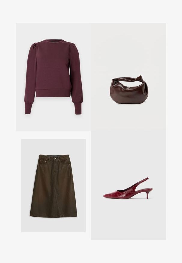 Sweat-shirt bordeaux avec manches longues bouffantes et poignets côtelés. Matière douce, encolure ronde et ourlet ajusté. Texture lisse.; Jupe trapèze en denim marron avec taille haute, fente avant, rivets en cuivre et couture ton sur ton. Texture lisse, longueur au genou.; Escarpin à talon kitten en cuir bourgogne avec texture crocodile, bout pointu, bride ajustable et talon bas sur fond blanc.; Sac bandoulière en cuir marron foncé avec une forme souple et décontractée et une anse nouée torsadée sur un fond blanc uni.