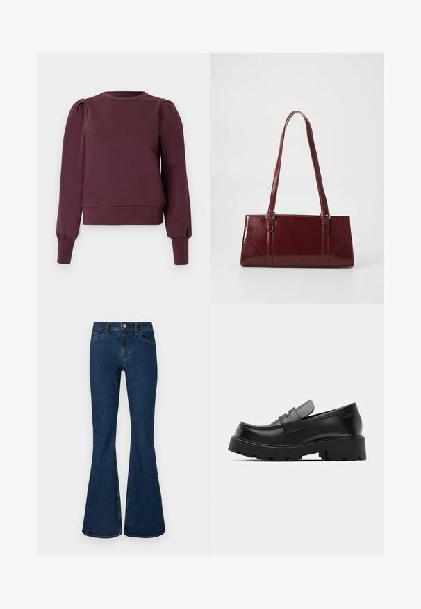 Vinrød sweatshirt med lange, puffede ærmer og ribbede manchetter. Blødt materiale, rund halsudskæring og en tætsiddende kant. Glat tekstur.; Mørkeblå denim jeans med vidde forneden, tætsiddende talje, knaplukning, fem lommer og kontrastfarvet syning langs sømmene.; Sorte læder loafers med en chunky tekstureret sål, der har en rem over vamps og en glat, poleret finish.; Bordeaux håndtaske lavet af glansfuldt materiale, rektangulær form, med to skulderremme og subtile buede detaljer på forsiden.