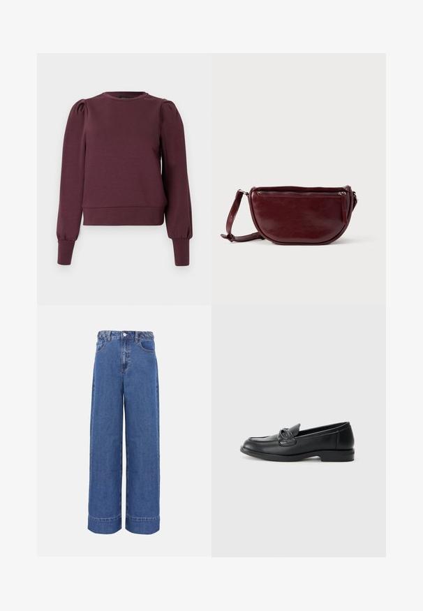 Vinrød sweatshirt med lange, puffede ærmer og ribbede manchetter. Blødt materiale, rund halsudskæring og en tætsiddende kant. Glat tekstur.; Blå denim jeans med vide ben, flettet linning, knap foran og lommer, vist på ensfarvet baggrund.; Sorte læder loafers med rund tå, en syet design og en sløjfeaccent på overlappen. Lav blokhæl og glat tekstur.; Vinrød læderhåndtaske med halvmåneform, lynlås og aftagelig rem. Glat tekstur med en subtil glans.