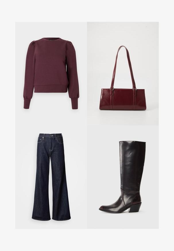 Sweat-shirt bordeaux avec manches longues bouffantes et poignets côtelés. Matière douce, encolure ronde et ourlet ajusté. Texture lisse.; Jean à jambes larges en denim foncé, présentant une taille haute, cinq poches, des coutures blanches contrastantes et une texture lisse.; Botte en cuir brun foncé, à hauteur de genou, avec un bout pointu, un talon bloc angulaire et une texture lisse et brillante. Présente un design épuré et des détails de couture.; Sac à main bordeaux en matériau brillant, de forme rectangulaire, avec deux anses et des accents légèrement courbés à l'avant.